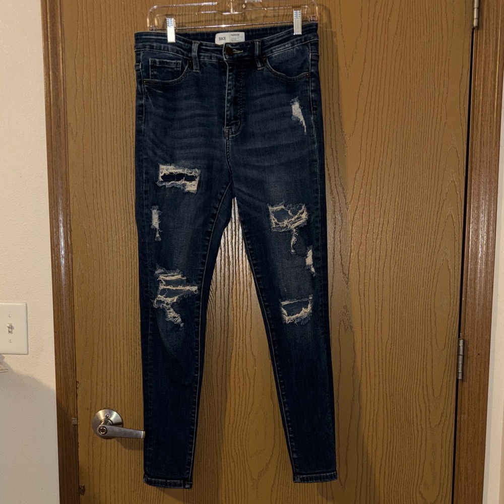 BKE Parker Universal Fit Dark Blue Distressed Skinny Jeans